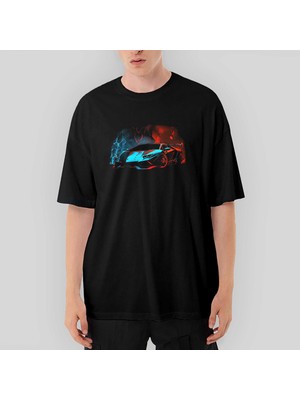 Crows Gate Lamborghni Blue Red Neon Oversize Siyah Tişört