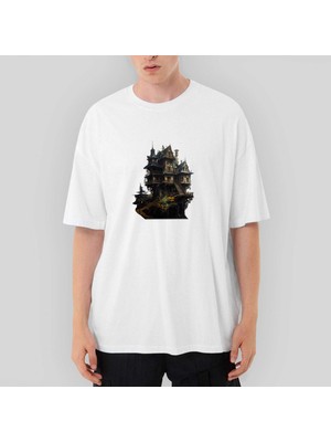 Crows Gate Castle In The Forest Oversize Beyaz Tişört