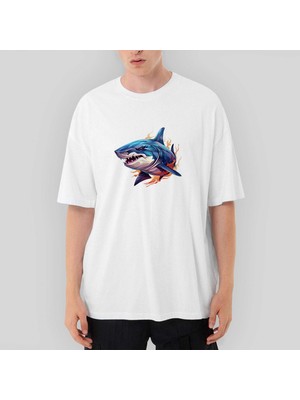 Crows Gate Color Shark Oversize Beyaz Tişört