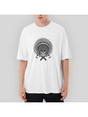 Crows Gate Kızılderili Skull Warrior Oversize Beyaz Tişört