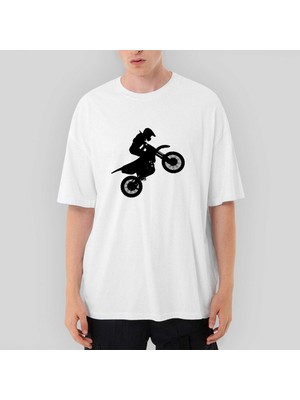 Crows Gate Motocross Motorcycle Siluet Oversize Beyaz Tişört