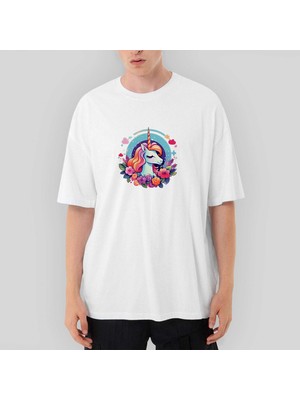 Crows Gate Charming Unicorn Oversize Beyaz Tişört