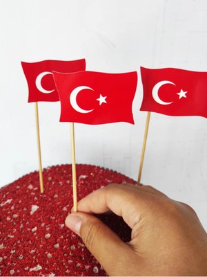 Beyhan Bayhan 15 cm Uzun Kürdan - 30 Adet Dekoratif Karton Türk Bayrağı Baskılı Pasta Kürdanı