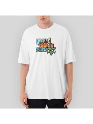 Crows Gate Grand Theft Auto Five Mans Oversize Beyaz Tişört