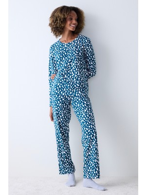 Blue Leopard Petrol Yeşili Pantolon Pijama Takımı