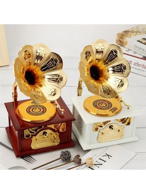 Çılgıntrend Nostaljik Gramafon Müzik ve Takı Kutusu Çekmeceli Büyük Boy