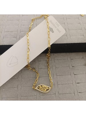 Çılgıntrend Zirkon Detaylı Yaprak Tasarımlı Çelik Bileklik