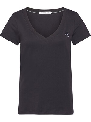 Calvin Klein Kadın Siyah Ck Embroidery Stretch V-Neck T-Shirt