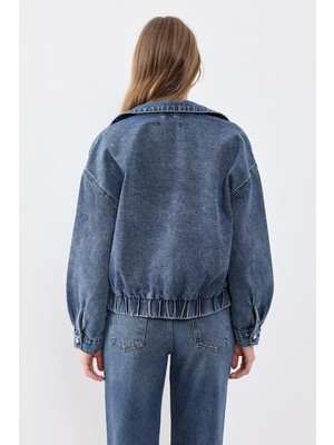 Koyu Mavi Cep Detaylı Denim Bomber Ceket