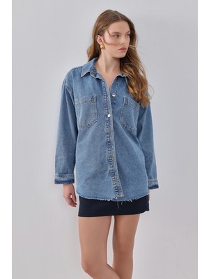 Mavi Oversize Metal Düğmeli Denim Gömlek Ceket