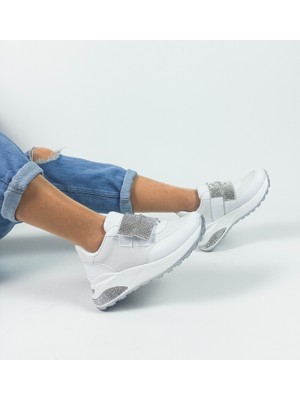 Gdt Ayakkabı Beyaz Taşlı Cırtlı Anne  Çocuk Kombini  Spor Ayakkabı