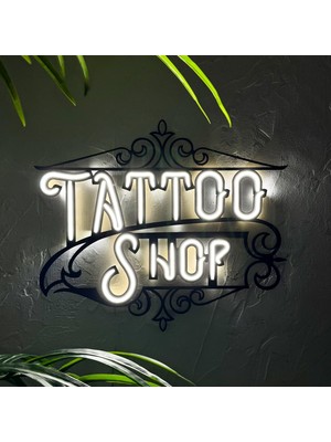 Tattoo Shop Neon LED Tabela - Şık Metal Üzerine Neon Işıklı Duvar Dekoru Beyaz Neon Işık | 52,6 cm  x 49,4 cm