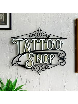 Tattoo Shop Neon LED Tabela - Şık Metal Üzerine Neon Işıklı Duvar Dekoru Beyaz Neon Işık | 52,6 cm  x 49,4 cm