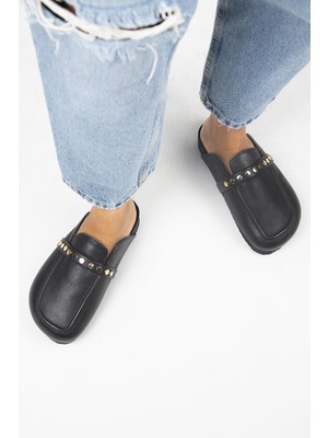 Manijero Bonita 2 Kadın Hakiki Deri Troklu Sabo Siyah Terlik