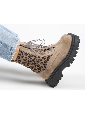 Manijero Diane Kadın Hakiki Deri Bağcıklı Vizon-Leopar Bot