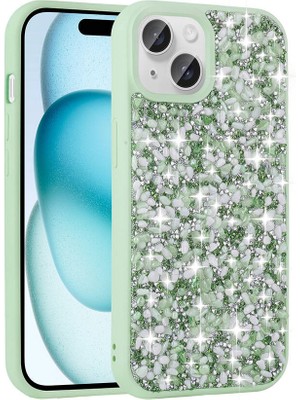 ZORE Apple iPhone 15 Plus Kılıf Parlak Taşlı Tasarım Zore Linea Kapak-Açık Yeşil