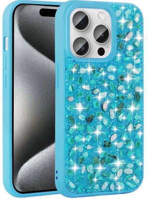 ZORE Apple iPhone 15 Pro Max Kılıf Parlak Taşlı Tasarım Zore Linea Kapak-Mavi Açık