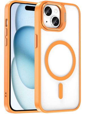 ZORE Apple iPhone 15 Kılıf Magsafe Şarj Özellikli Standlı Zore Magsafe Klon Lensli Kapak-Turuncu
