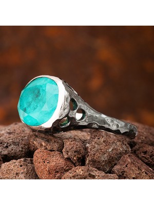 Gümüşcüm Paraiba Tourmaline Oval Taşlı Delikli Otantik Oksitli Kadın Gümüş Yüzük