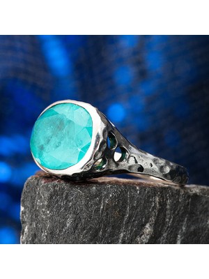 Gümüşcüm Paraiba Tourmaline Oval Taşlı Delikli Otantik Oksitli Kadın Gümüş Yüzük