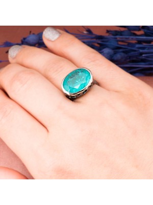 Gümüşcüm Paraiba Tourmaline Oval Taşlı Delikli Otantik Oksitli Kadın Gümüş Yüzük