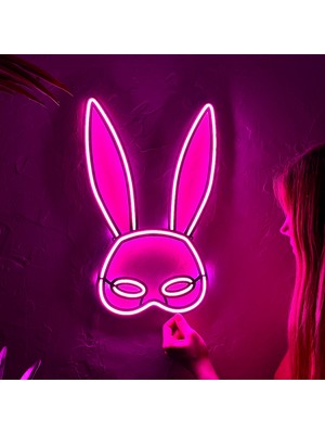 Tol Camp Rabbit Mask Neon Duvar Dekorasyonu - Modern Şık Metal Üzerine Neon Lamba Dekoru, Pembe | 28 cm x 43 cm