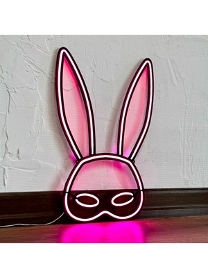 Tol Camp Rabbit Mask Neon Duvar Dekorasyonu - Modern Şık Metal Üzerine Neon Lamba Dekoru, Pembe | 28 cm x 43 cm