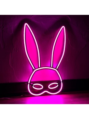 Tol Camp Rabbit Mask Neon Duvar Dekorasyonu - Modern Şık Metal Üzerine Neon Lamba Dekoru, Pembe | 28 cm x 43 cm