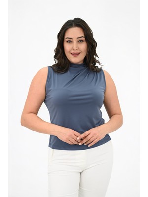 Koza Butik Kadın Büyük Beden Drape Detaylı Dik Yaka Bluz 1851-25
