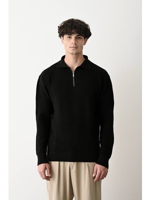 Ben Özgürüm Fermuarlı Gömlek Yaka Triko Kazak