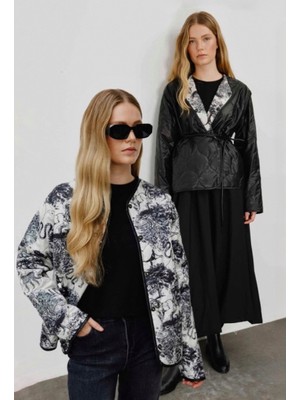 Kadın Beyaz Siyah Çift Yönlü Kapitone Safari Desen Çıtçıtlı Mont