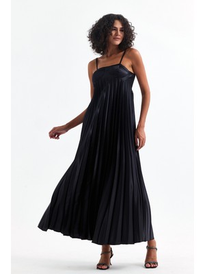 Sense Kaplı Ayarlanabilir Askılı Piliseli Abiye Uzun Saten Elbise - ELB35410