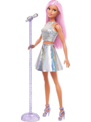 Barbie Pop Yıldızı Model Bebek Mor Renkli Parlak Gümüş Üst ve Yanardöner Etekli Lisanslı Ürün DVF50 JCW42