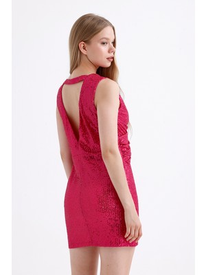 Sense Sırt Dekolteli Astarlı Önü Büzgülü Payetli Abiye Elbise | ELB35572