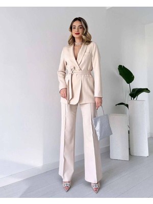 Moda İkra Kadın Kuşaklı Blazer Ceket Bol Paça Pantolon Takım