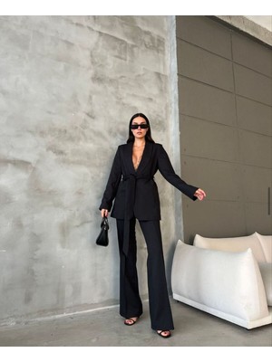 Moda İkra Kadın Kuşaklı Blazer Ceket Bol Paça Pantolon Takım