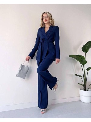 Moda İkra Kadın Kuşaklı Blazer Ceket Bol Paça Pantolon Takım