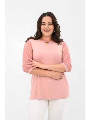 Koza Butik Kadın Büyük Beden Tül Detaylı Aksesuar Yaka Bluz 1864-25