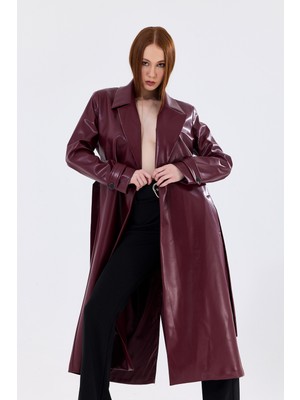 Sense Kadın Bordo Suni Deri Trençkot Ceket Yaka Astarlı ve Kuşaklı Model