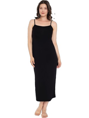 New Team Kadın Uzun İp Askılı Slip Elbise Klasik Stil Kahverengi Düz Desenli