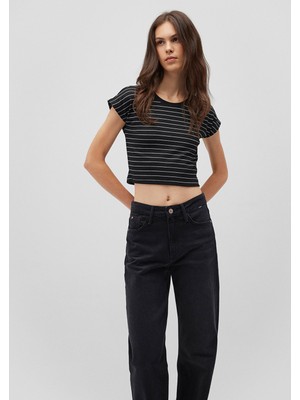 Mavi Kadın Çizgili Siyah Crop Tişört 168382-900