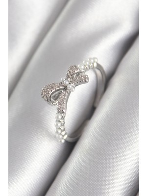 Pirinç Gümüş Renk Zirkon Taşlı İnci Detay Kadın Yüzük