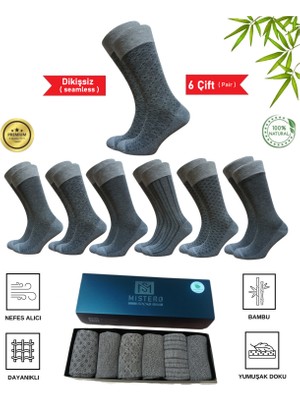 Mistero Socks 6 Çift Jakar Desenli Dikişsiz Bambu Erkek Soket Çorap Kutulu Gold Seri ( Business )