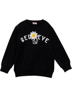 Kız Çocuk Çicek Aksesuarlı Sweatshirt - Siyah