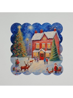 El Çizimi Yılbaşı Evi Manzaralı Dijital Baskılı Kumaş Kokteyl Peçetesi Lazer Kesimli