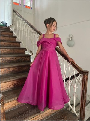 Butik Happy Kids Kız Çocuk Uzun Fuşya Askılı Şifon Abiye Elbise 10-14 Yaş