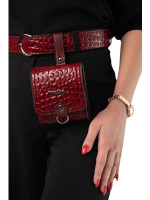 By Pellini Kadın Suni Deri Kemerli Çanta Kırmızı Kabartma Croco Deri