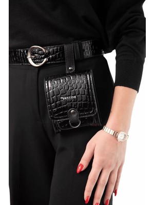 Kadın Suni Deri Kemerli Çanta Siyah Kabartma Croco