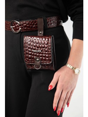 Kadın Suni Deri Kemerli Çanta Kahverengi Kabartma Croco Deri