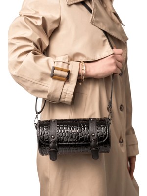 Kadın Suni Deri Silindir Omuz Çantası Siyah Croco Kabartma Deri